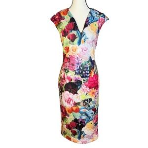 Ted Baker Midi Dress Womens Size 6 Multicolor Floral Bodycon Sheath Exposed Zip